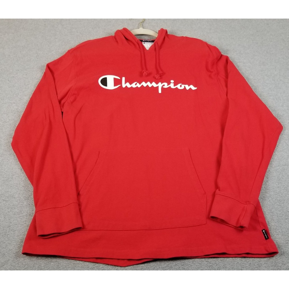 Champion Hoodie Men XL Red Logo Spellout Long Sleeve Cotton Pullover Sweatshirt